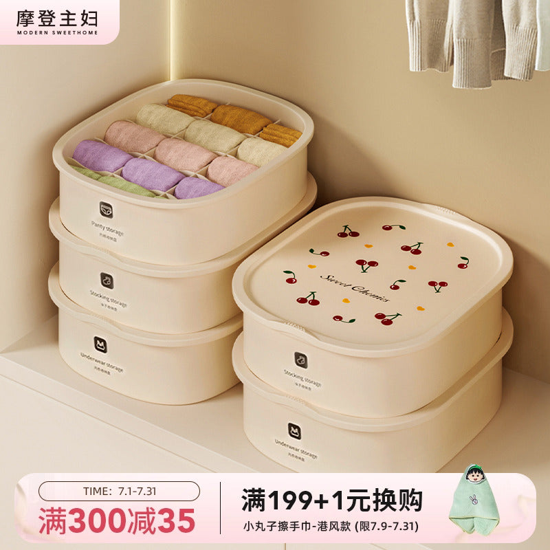 摩登主妇樱桃内衣内裤袜子收纳盒三合一分格儿童贴身衣物整理神器 樱桃内裤收纳盒带盖子【可放10条内裤/带标签】