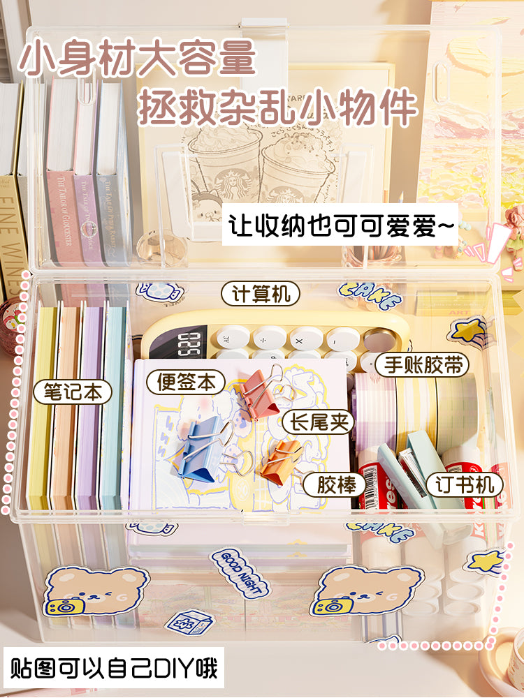便携手提美术工具收纳箱学生书桌文具杂物整理盒子透明带盖储物盒 小号【2个装】可手提透明储物盒(送贴纸)
