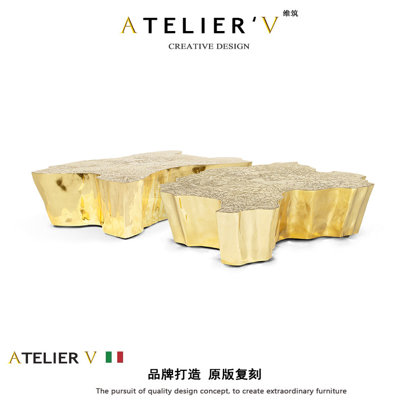 AtelierV不锈钢金树根茶几设计师创意艺术茶桌高端别墅客厅咖啡桌 金色边几(40*32*45CM)
