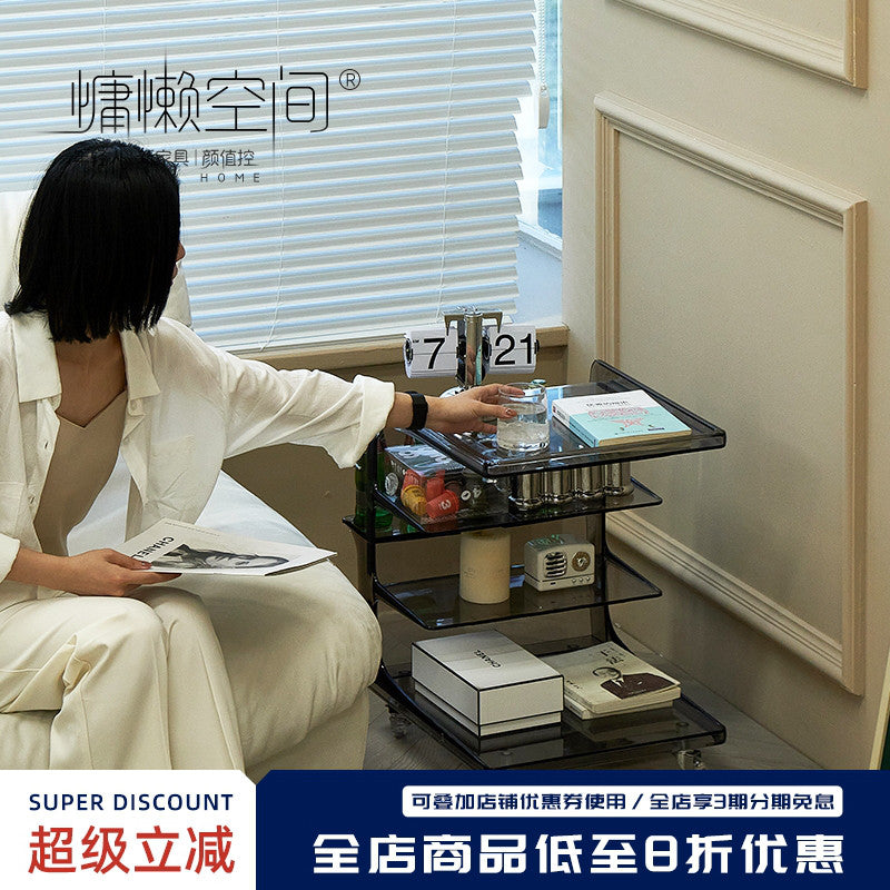 慵懒空间简约亚克力床头柜家用小推车移动沙发边几网红可收纳角几 透明灰色 53*40*H55cm