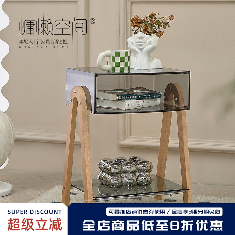 慵懒空间现代简约玻璃边几客厅收纳沙发边柜亚克力床头柜轻奢茶几 透明色-大号 亚克力脚 L42.5*W32.5*H65.5cm
