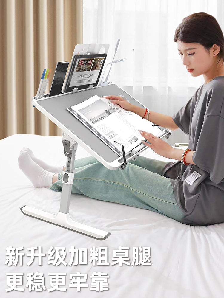 床上小桌子升降可折叠学习家用办公书桌电脑桌阅读架桌飘窗懒人桌 【优雅白】升级款+书架+抽屉