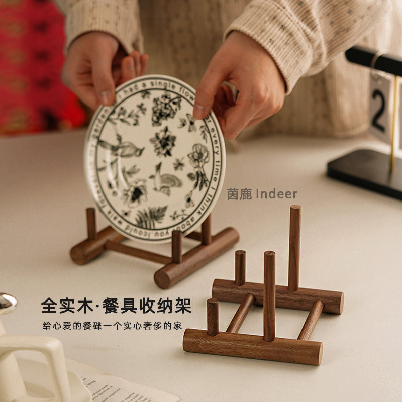 盘子展示架实木支架餐盘架厨房餐具杯碟吐骨碟收纳置物架木质托架 套装2件套【3分格+7分格】北美黑胡桃木餐盘架