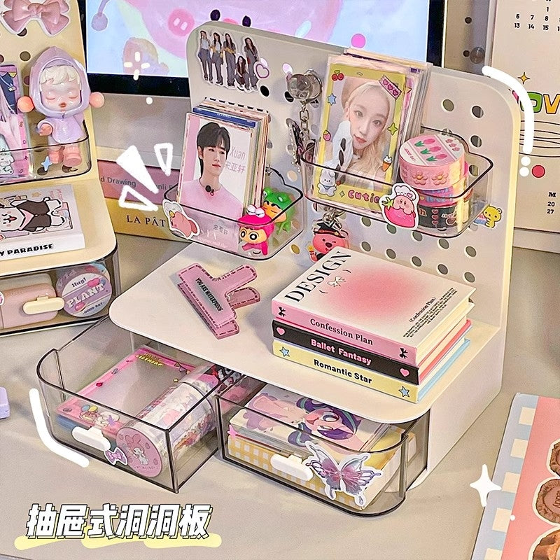 抽屉式洞洞板收纳盒小卡立牌展示挂钩追星桌面书桌整理置物架笔筒 【奶卝杏卝色】#旋转笔筒#双抽屉