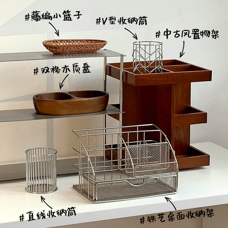 中古风铁艺抽屉式化妆品收纳盒桌面化妆刷梳子收纳筒复古置物架上 旋转胡桃木置物架