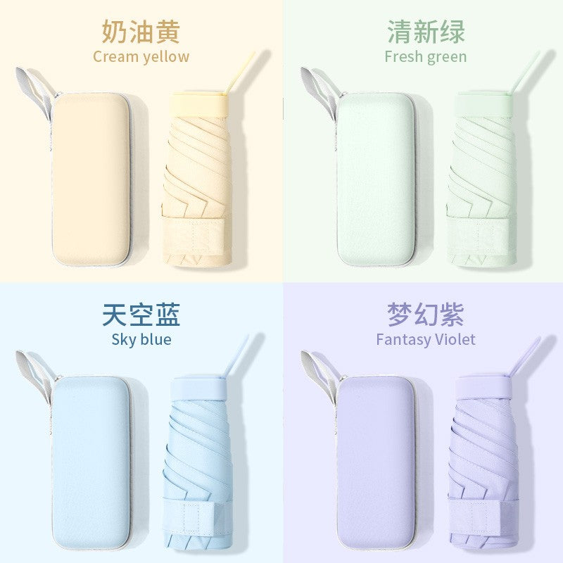 防晒防紫外线口袋伞六折扁迷你太阳伞小巧便携遮阳伞晴雨伞两用女 浅蓝【六折卡片伞★upf50+】