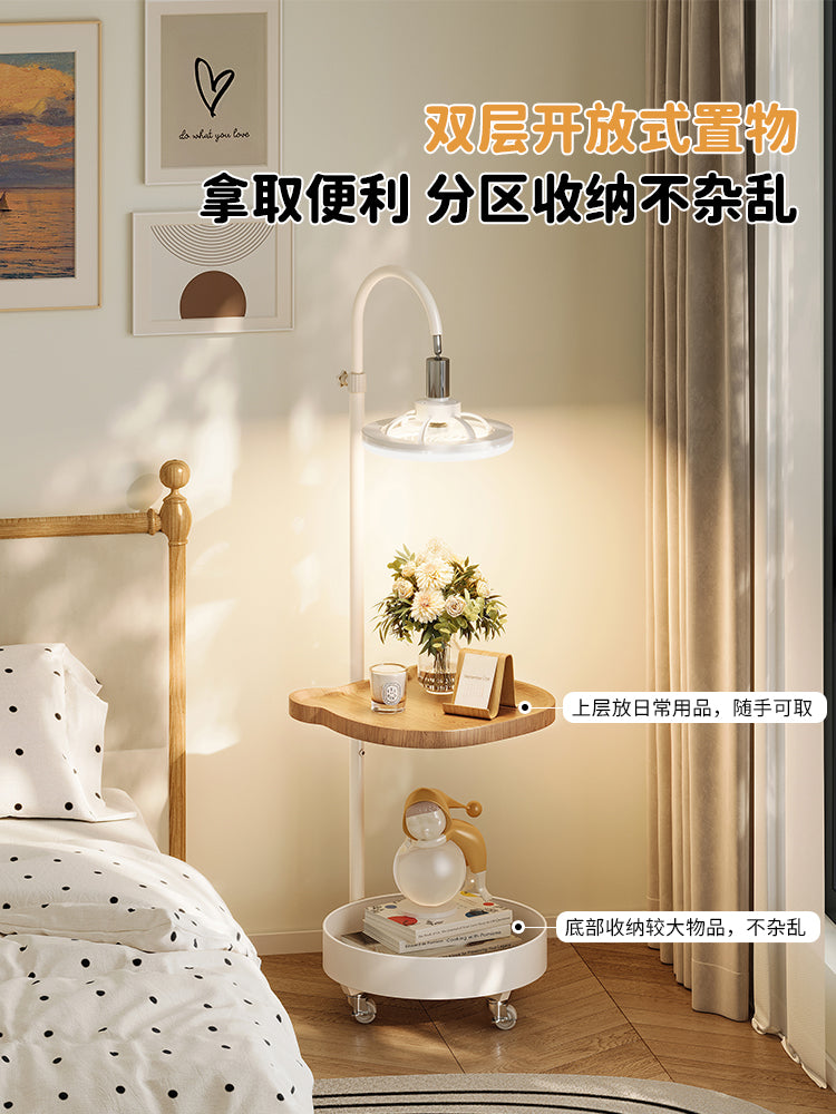 小型带灯床头柜一体床头置物架落地台灯创意卧室收纳可移动小边几 【萌熊普通款】奶油白+棕色木纹面
