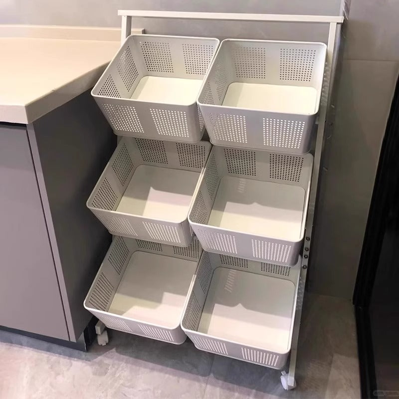 家用厨房小推车置物架多层水果蔬菜篮子收纳筐客厅落地零食储物架 【ins奶油风首选】白色3层6篮 ⭐小红薯推荐