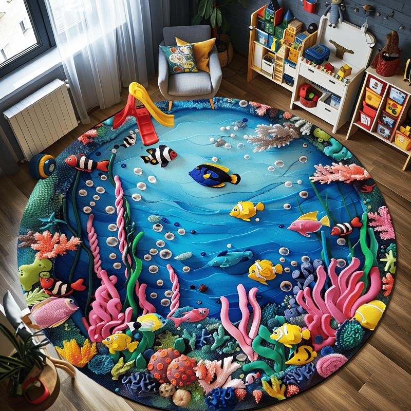 立体海洋世界儿童房地毯爬行垫子卧室玩耍阅读区婴儿可擦免洗地垫 圆形海底世界-05 直径100厘米(细纱羊绒+硅胶底)