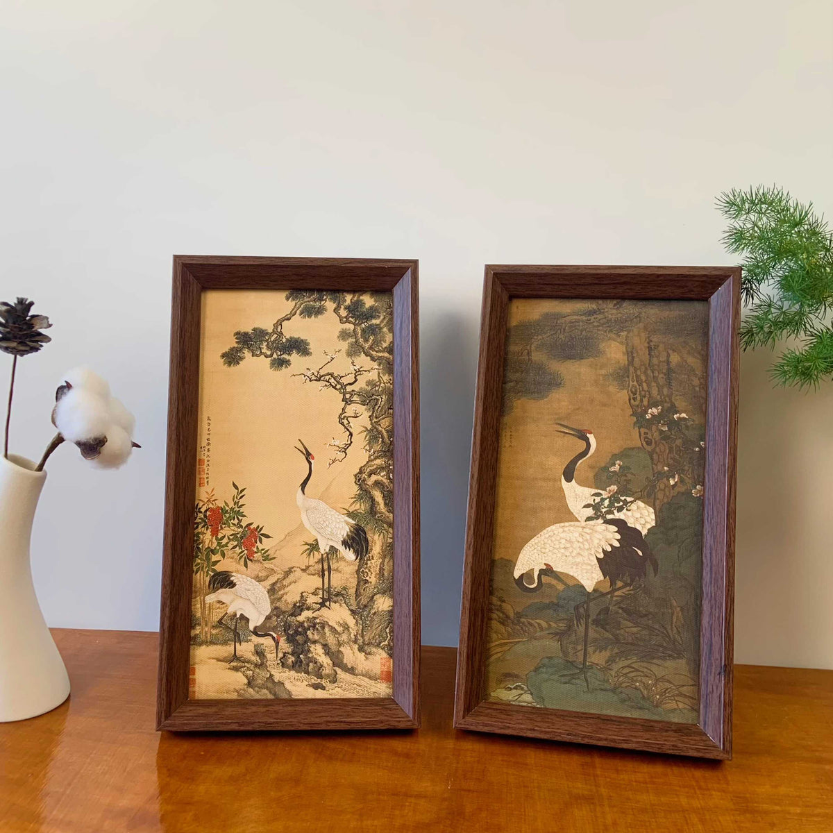 新中式松鹤延年图相框摆台画 复刻国画艺术桌面摆件简约相框 外框22*42厘米【大号】 001松鹤延年图A款+相框