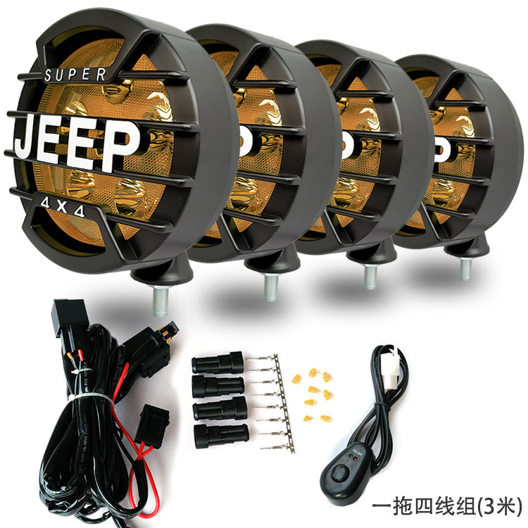 牧马人BJ40汽车前杠灯LED车顶射灯JEEP吉普越野车4x4网面罩强光灯 4x4罩LED黄聚光2个配线组+遥控爆闪