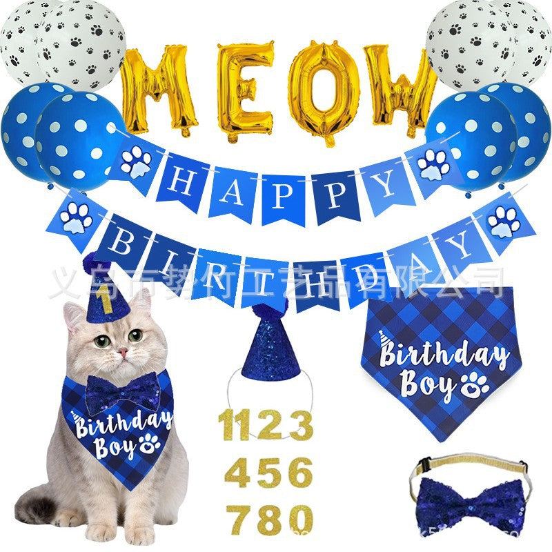 Pet Birthday Party Decoration Set for Cats - Banner, Bandana, Hat, Bow Tie, Drool Bib, Balloons