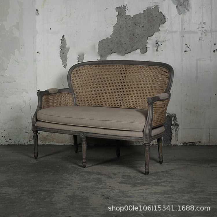 American Minimalist Rattan Woven Sofa for Living Room, Hotel, Studio, Small Apartments - Solid Wood & Cotton Linen