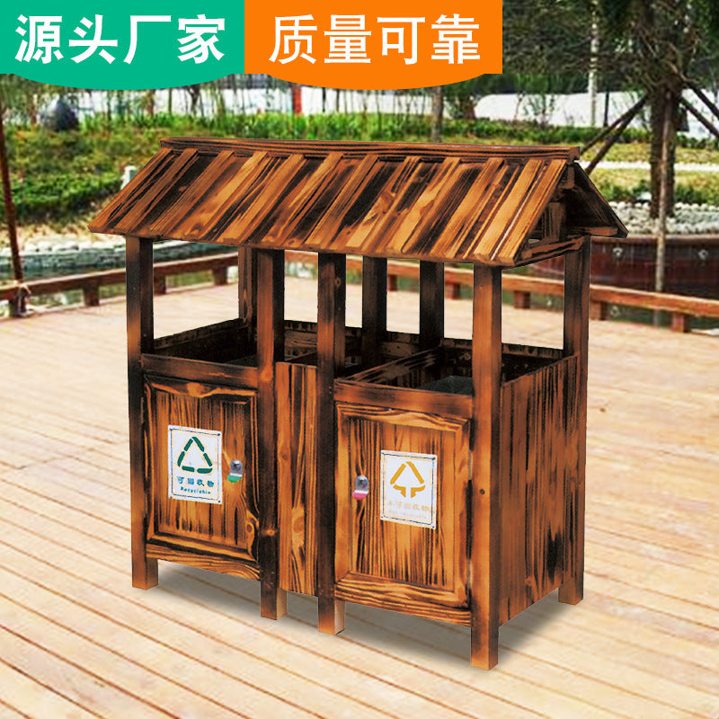 Outdoor Anti-Corrosion Carbonized Wood Trash Can for Parks, Scenic Areas, Gardens, and Ancient Towns - Classified Waste Bin with Lid
