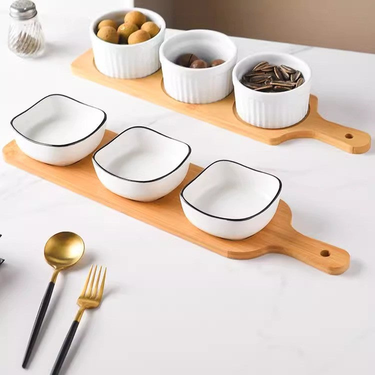 Ceramic Divided Fruit Plate with 3 Compartments, Snack Bowl, Appetizer Platter, Household Nut Dish with Bamboo Handle Tray
