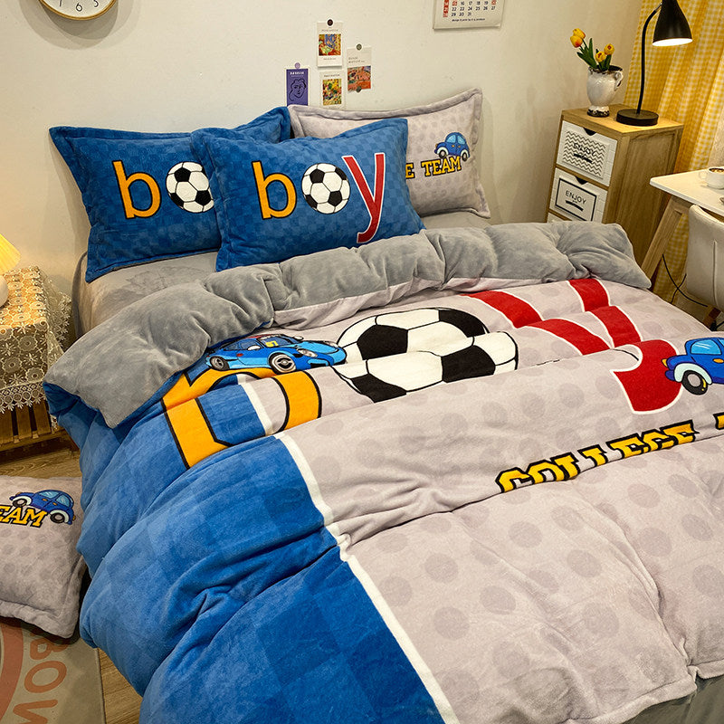 Thickened Milk Velvet Coral Fleece Four-Piece Bedding Set Double-Sided Flannel Duvet Cover for Kids Boys Football Team