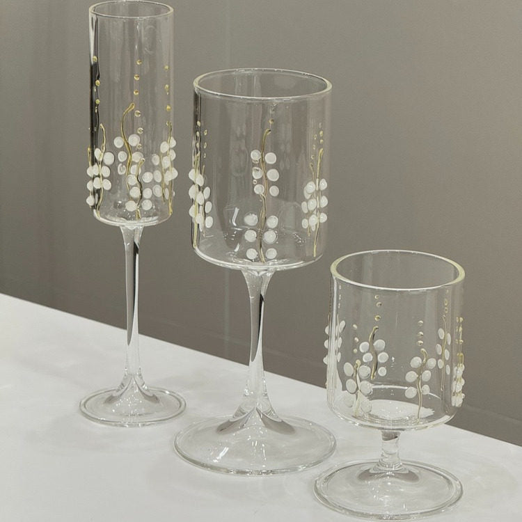 Hand-Painted Wisteria Heat-Resistant Water Bottle & Champagne Red Wine Glass Set for Wedding Favors