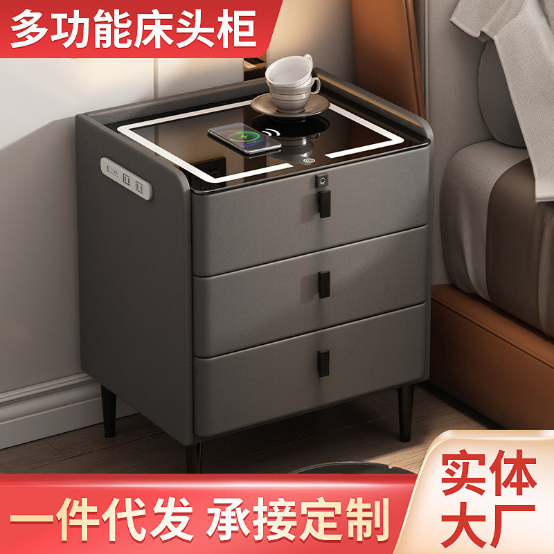 Multifunctional Smart Nightstand with Wireless Charging, Fingerprint Lock, Speaker, and LED Light for Bedroom Storage