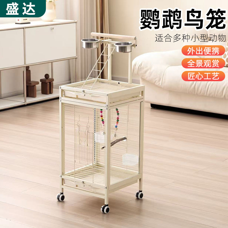 Luxury Bird Cage Villa with Wheels, Stand, Feeder, Square Tube, Large Parrot Cage with High Transparency Glass Anti-Splash