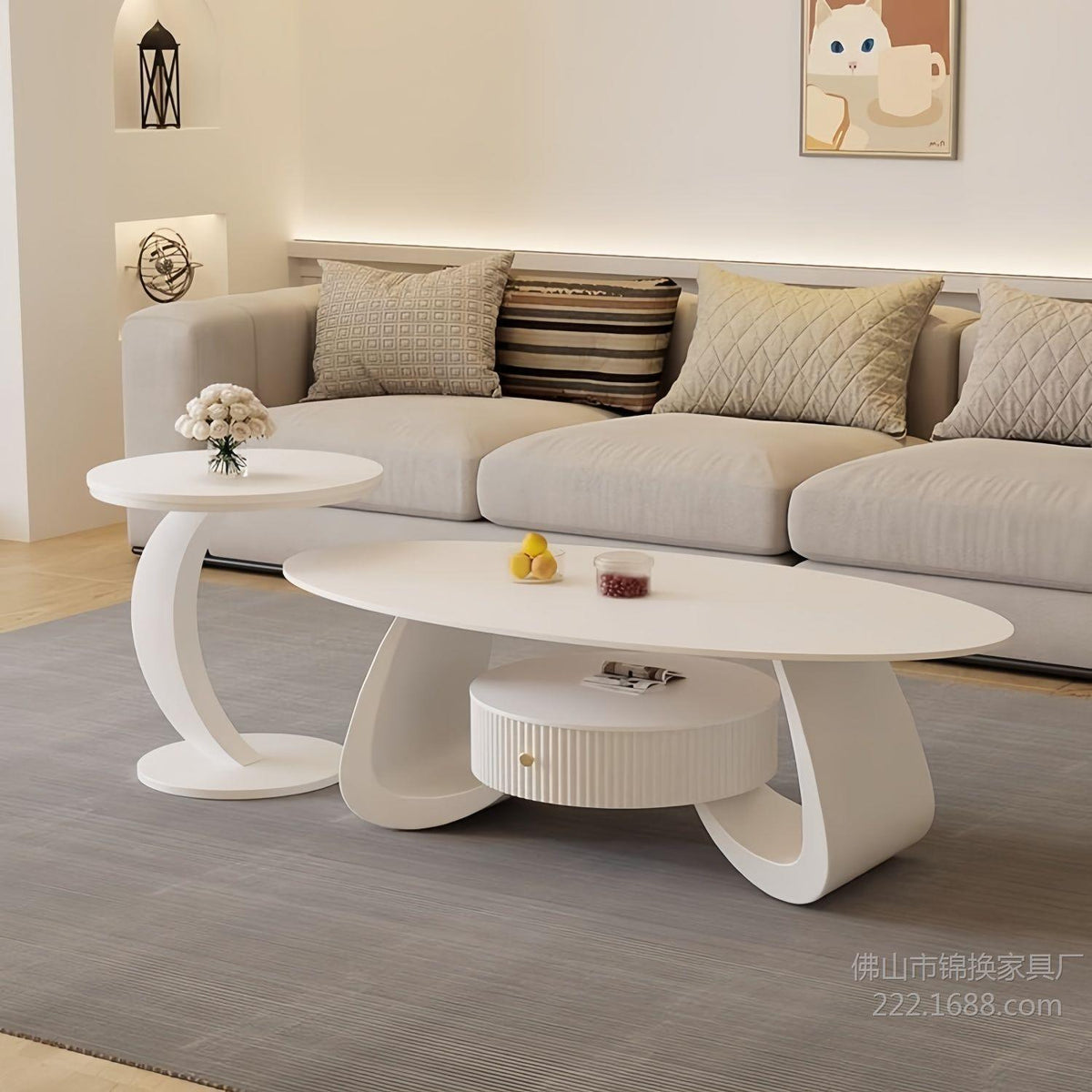 Cream Style Oval Coffee Table with Storage, Modern Minimalist, for Living Room