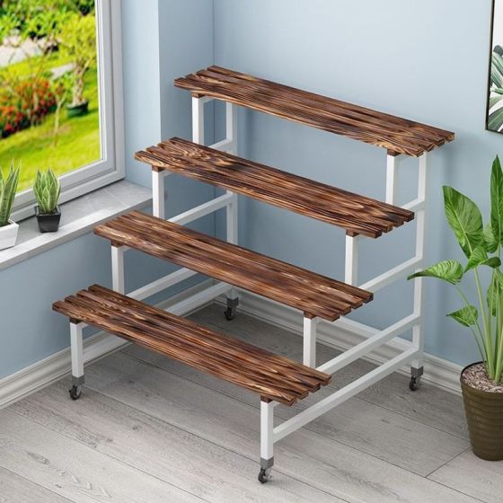 Wooden 3-Tier Plant Stand with Wheels for Living Room, Balcony, Outdoor