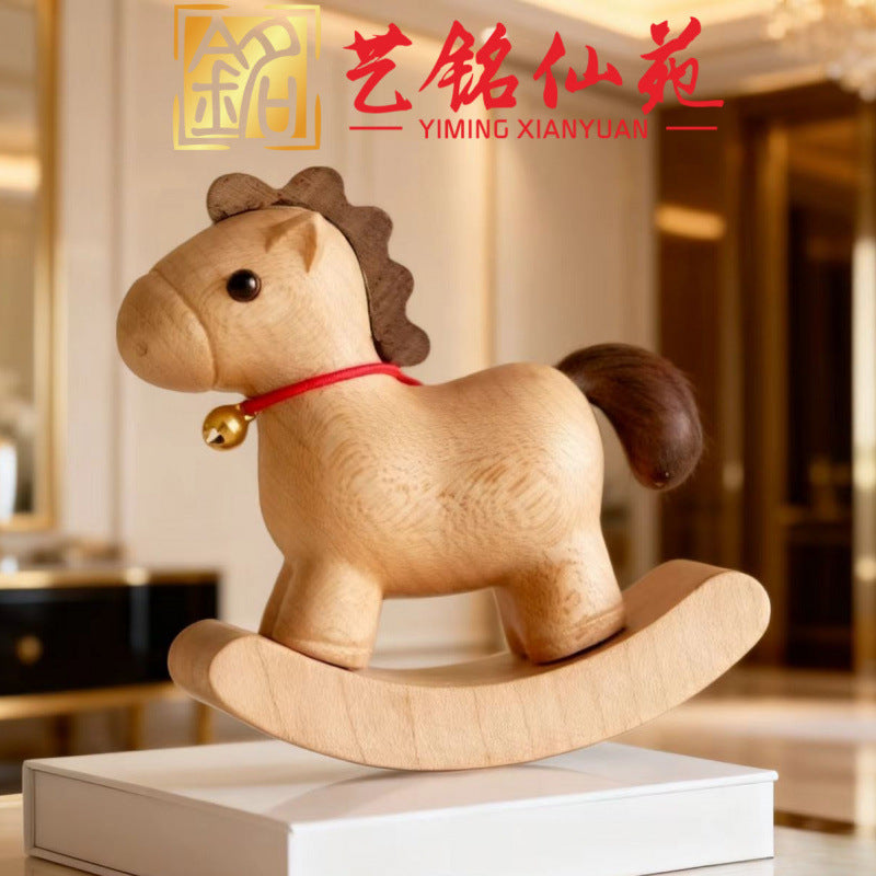Yiming Xianyuan Beech Wood Rocking Horse Ornament, Creative Horse Year Gift, Cute Solid Wood Desktop Decoration
