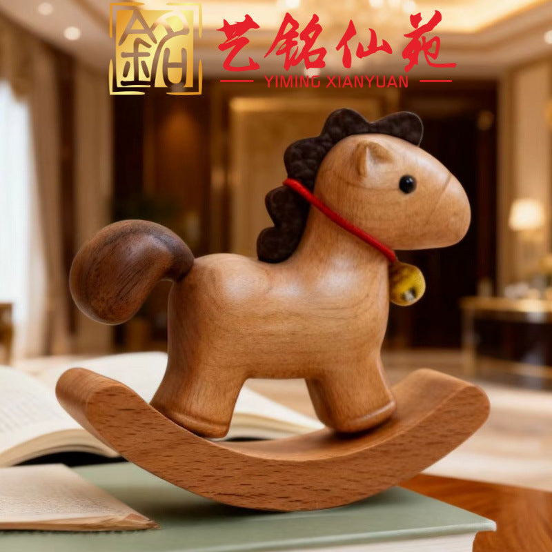 Yiming Xianyuan Beech Wood Rocking Horse Ornament, Creative Horse Year Gift, Cute Solid Wood Desktop Decoration