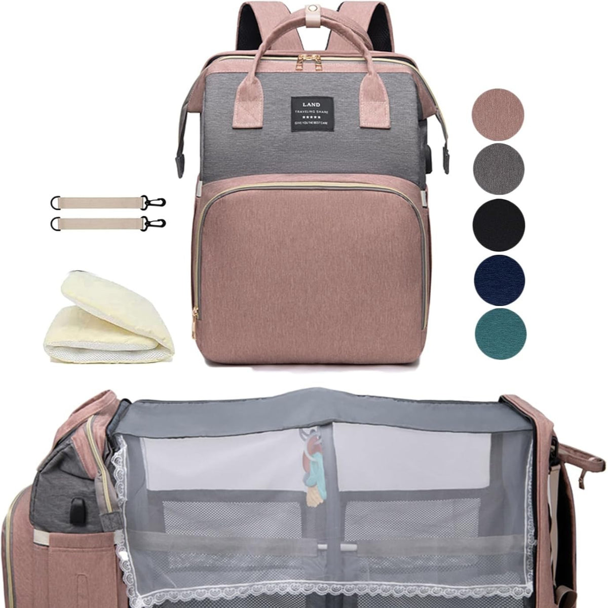 Large Capacity Multi-functional Baby Diaper Bag Backpack with Mosquito Net and Folding Bed