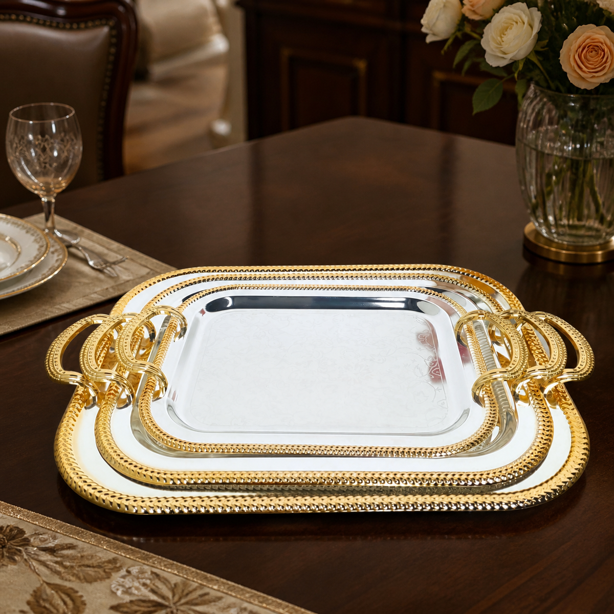 Luxury Square Serving Tray with Handles, Electroplated Metal Serving Platter for Coffee Table Decor, Silver Gold Highlight