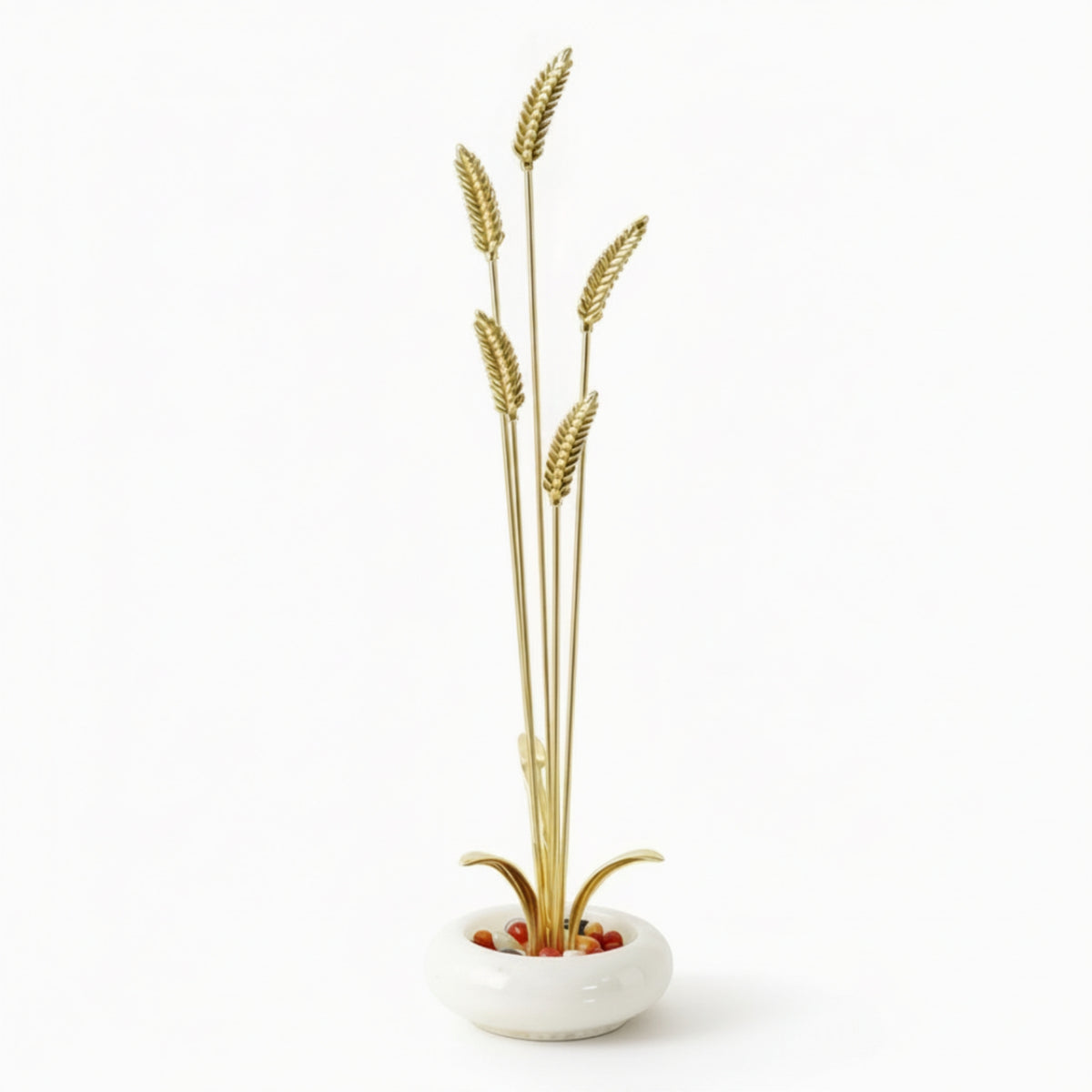 Brass Wheat Sculpture with Jade Bowl Light-Luxury Tabletop Ornament Slender