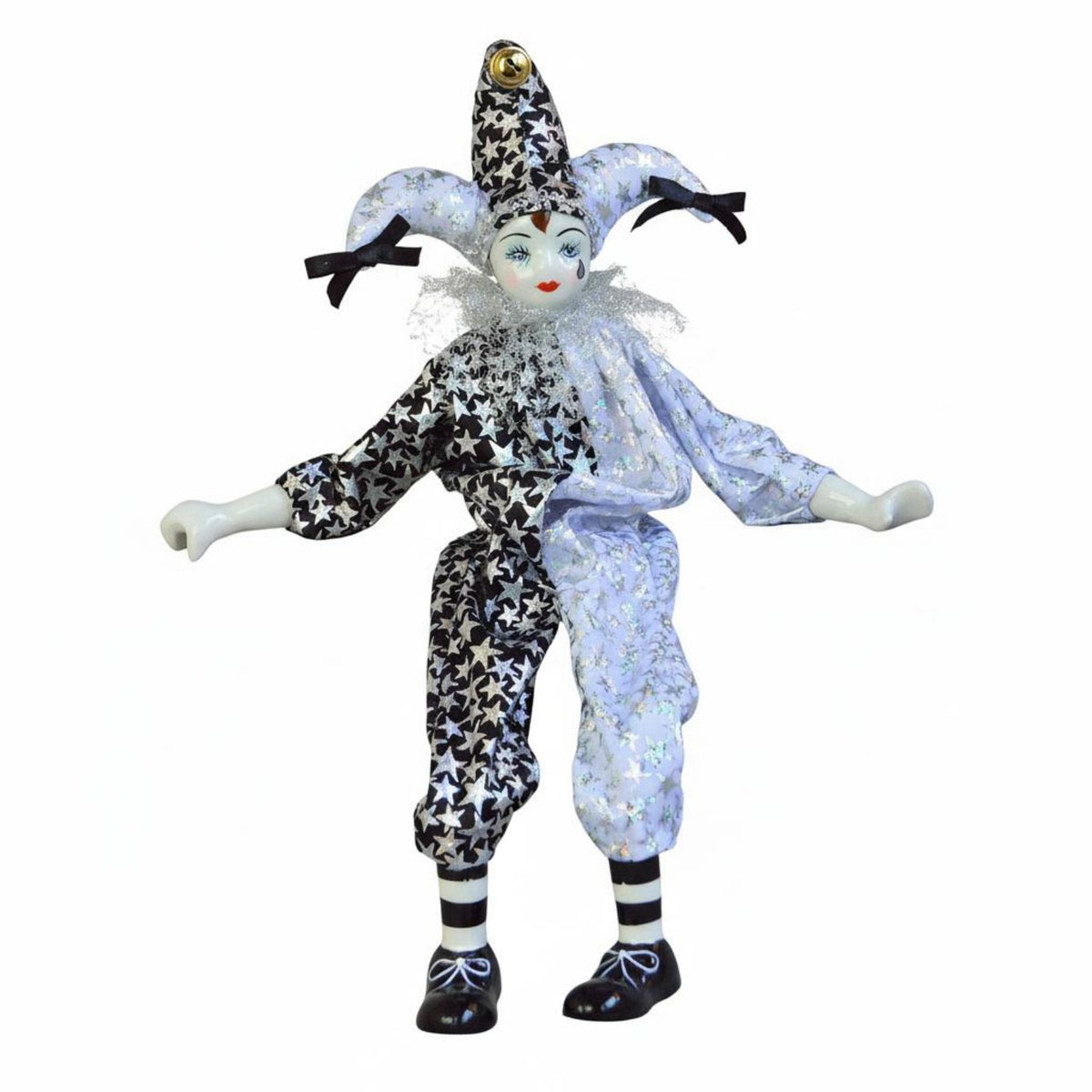 Dangling Leg Clown Doll Tear Drop Feature Sitting Porcelain Clown Handmade Fool Figurine Posable Tri-Cherub Design Doll