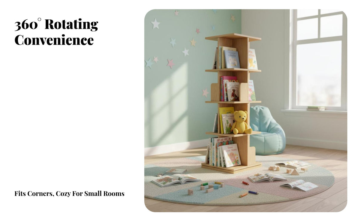 Solid Wood Construction Rotating Bookshelf Space Saving 360 Degree Revolving Bookcase Large Capacity Revolving Corner Bookcase Sturdy & Stable for Children, Students, Office Workers, Small Areas, Nursery, Study Room, Bedroom