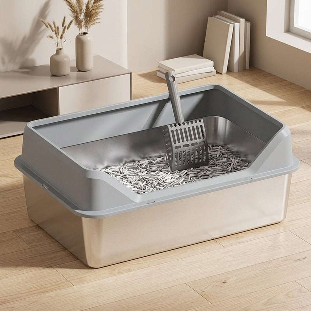 Stainless Steel Cat Waste Receptacle with High Fence, Top-Entry Toilet and Litter Tray, Large Enclosed Litter Pan with Step for Easy Maintenance