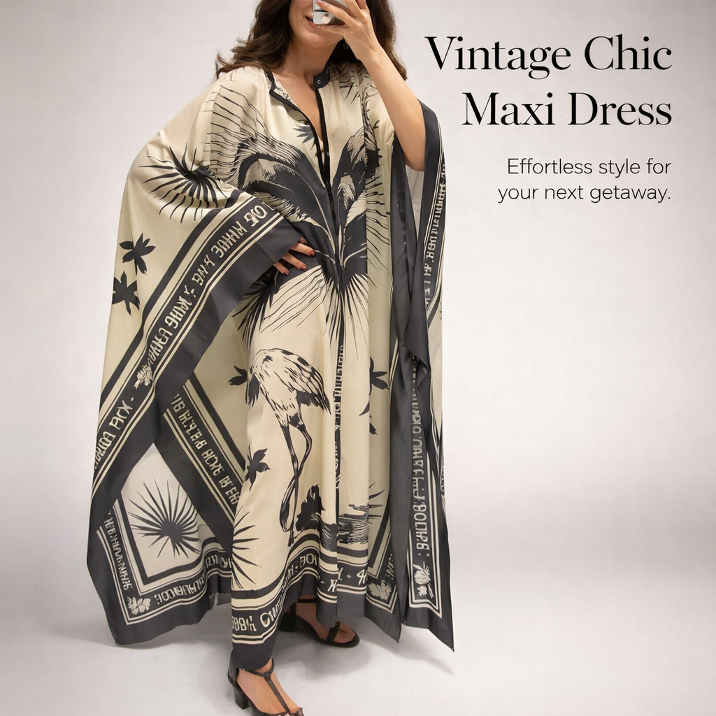 Maxi Dresses for Women UK with V-Neck and Three Quarter Sleeves, Beach Dress for Vacation with Loose Fit Flared Silhouette, Long