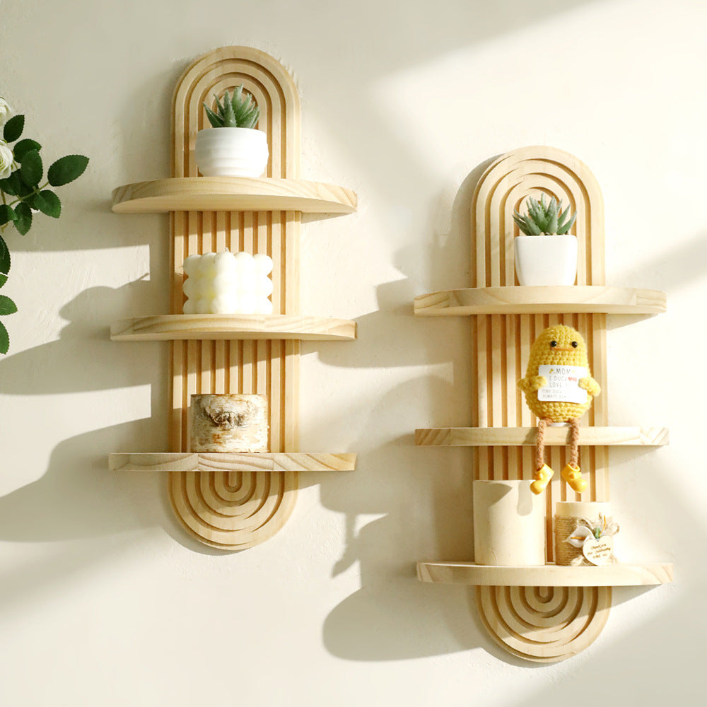 Creative Solid Wood Wall Planter Shelf with Oval Thread Multi-layer