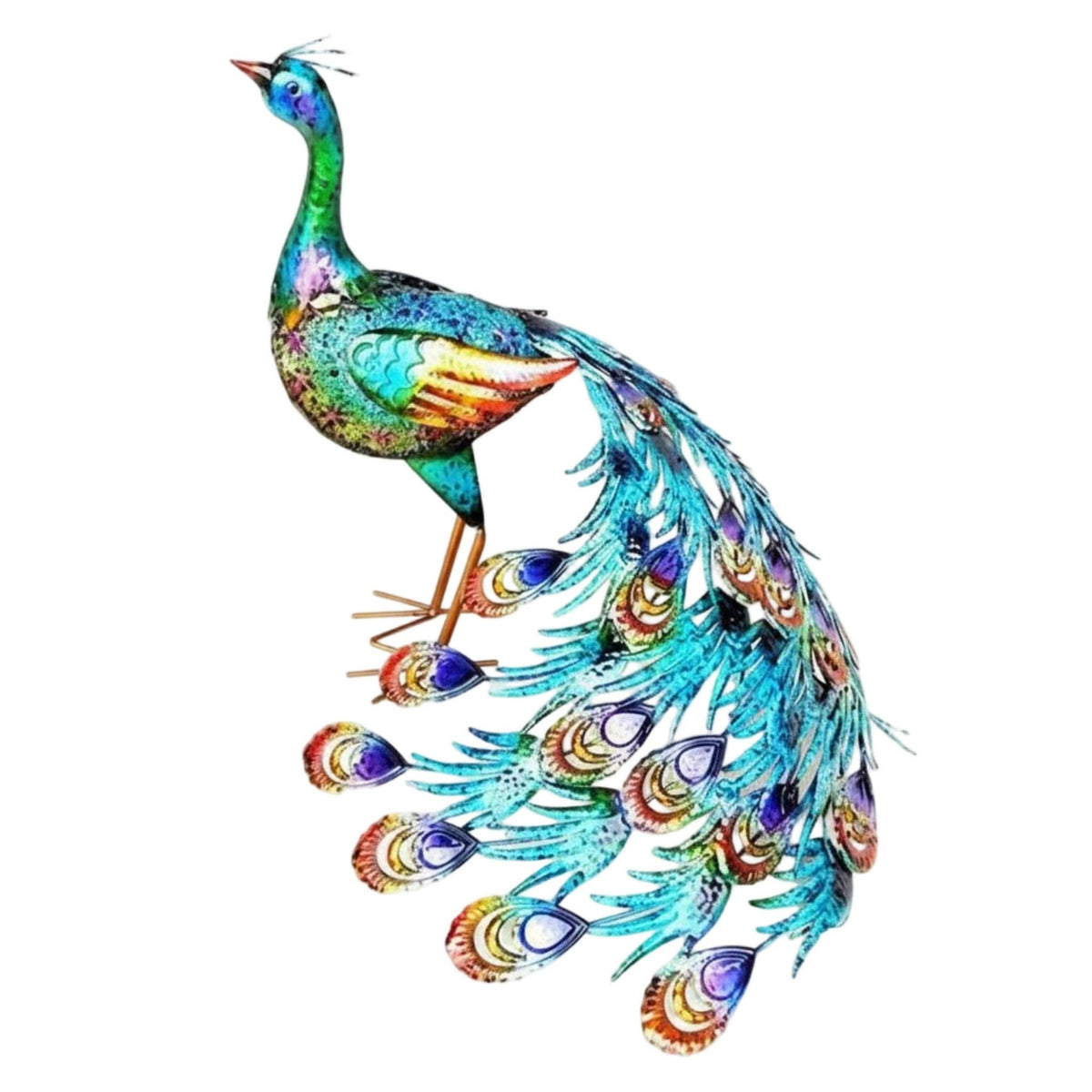 2 Pieces Metal Peacock Figurine Large Tail Peacock Figurine Colorful for Outdoor