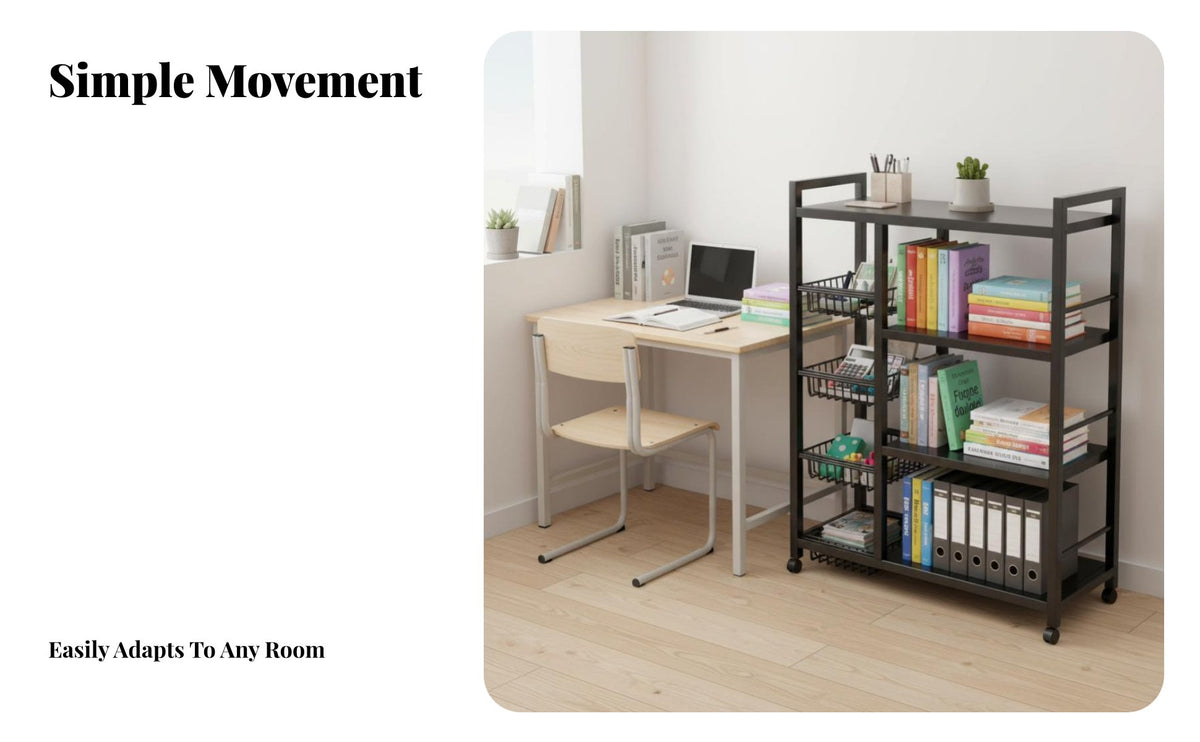 With casters Multi-Tier Rolling shelf unit Simple Design Multi-Tier Utility trolley Space-Saving storage rack Easy to Assemble for Students, Office Workers, homeowners, Study Room, Bedroom, Classroom, Kitchen