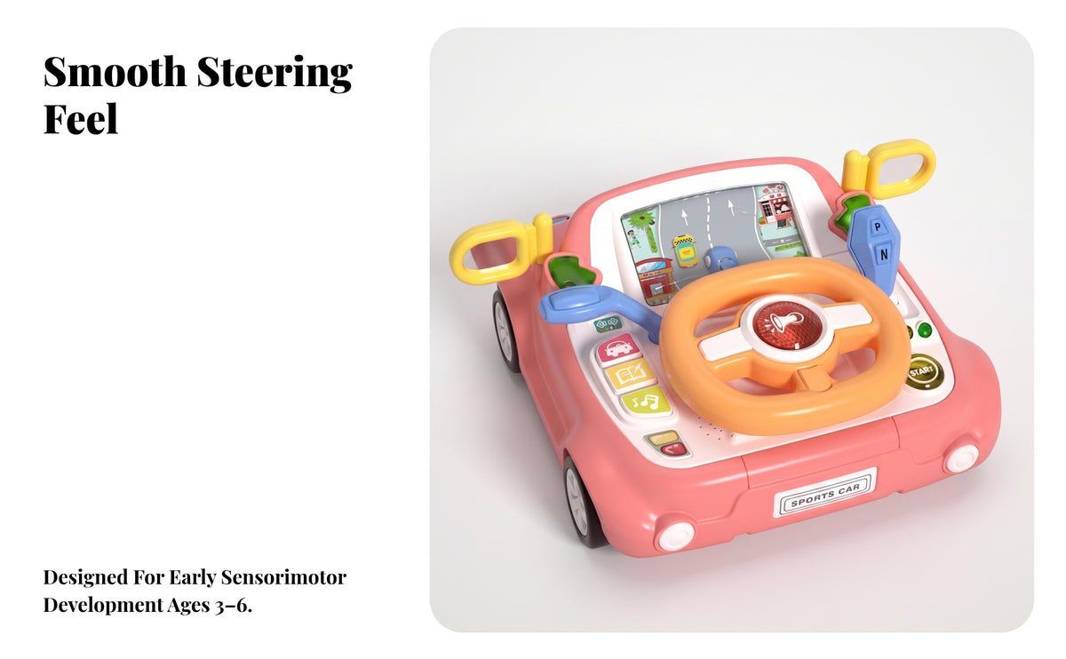 Pretend Driving Toy with Road Display | ConstructionPowered, Toy Steering Wheel with Dashboard, for Playroom