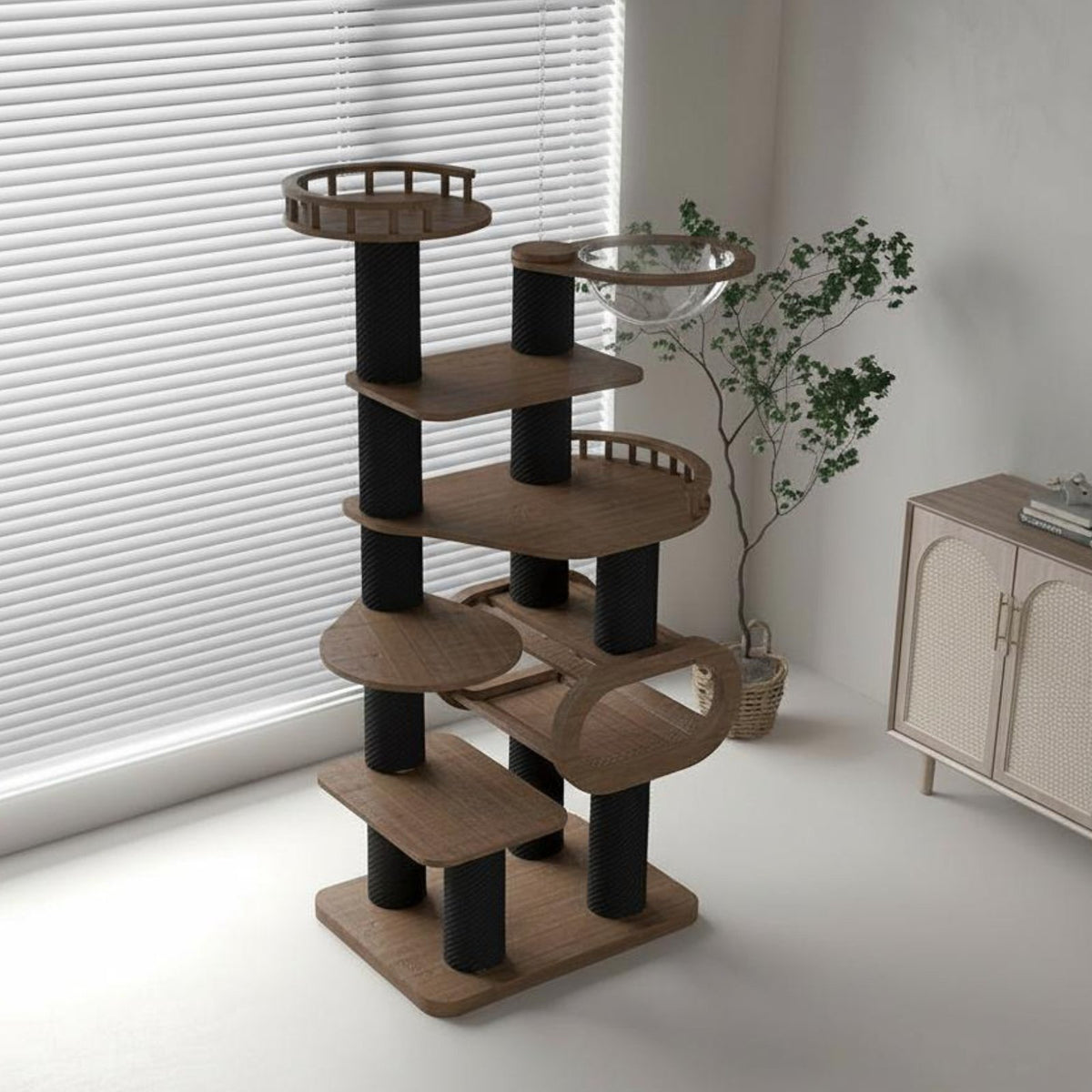 Multi-Level Cat Tree Walnut Color Finish Multi-Level Cat Tower with Condo Multiple Resting Spots Feline Activity Center for Play Area, Indoor, Bedroom