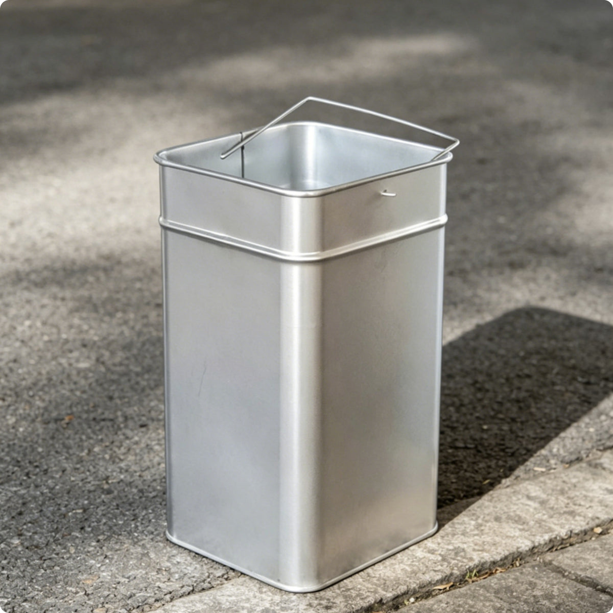Square Metal Trash Can Insert Side Handle Loop Galvanized Metal Container Rounded Top Edges Household Bin