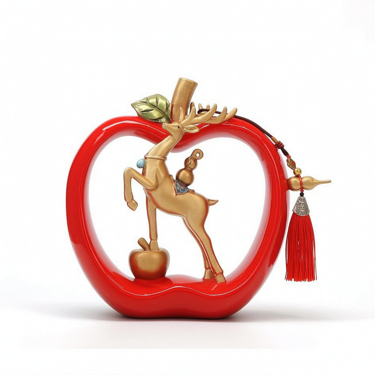 Gold-Toned Deer Figurine in Apple Frame Glossy Deer Ornament Elegant Sculpture with Tassel Sculptural for TV Cabinet, Entryway, Living Room, Bookshelf