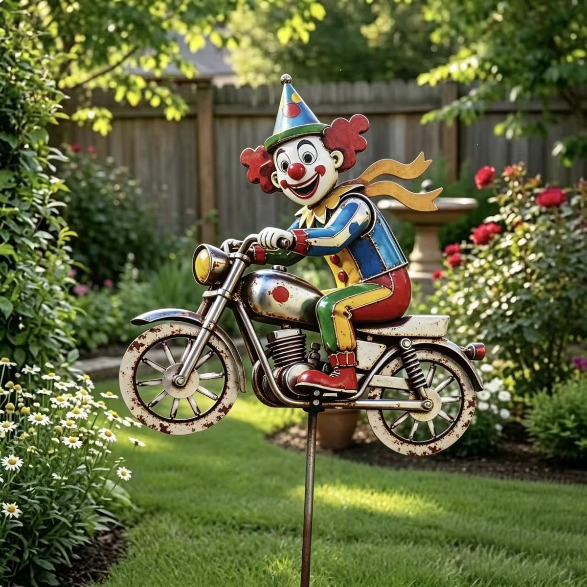 2D Metal Bicycle Clown Wind Spinner for Garden Decoration