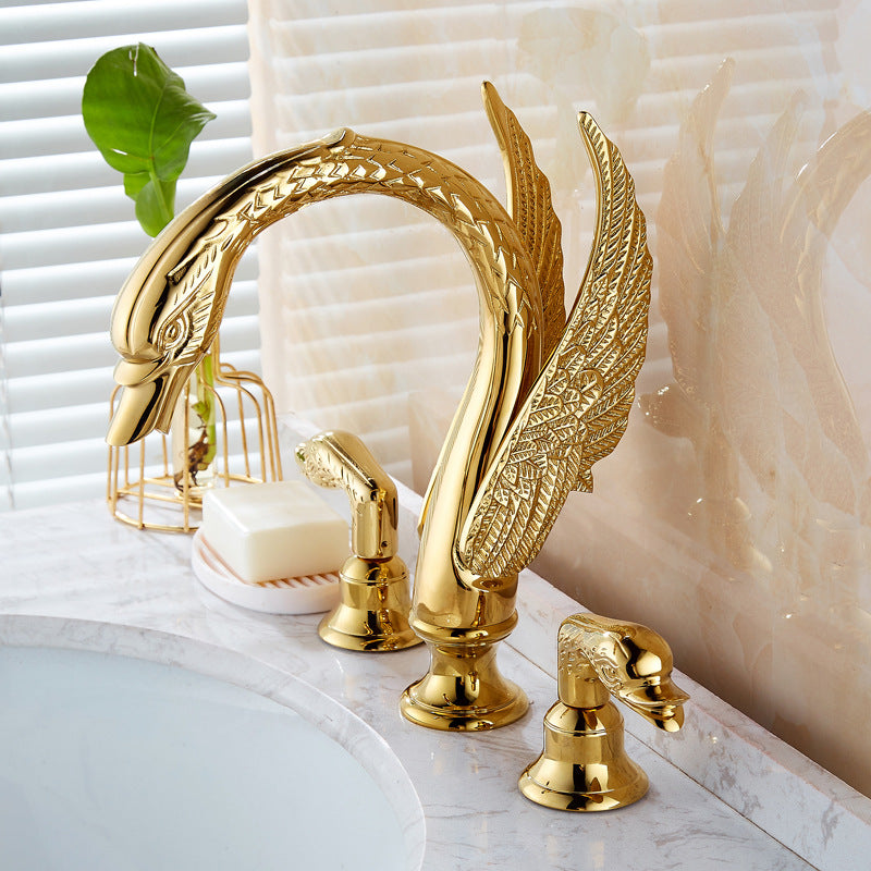 European Style Gold Swan Three-Hole Basin Faucet with Crystal Handle