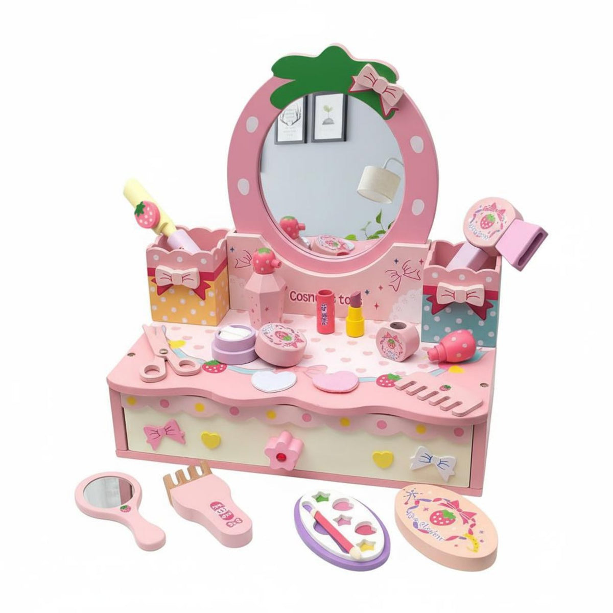 Kids Makeup Vanity Set Wooden Dressing Table Child Design Princess Pretend Makeup Table for Young Children, Playroom