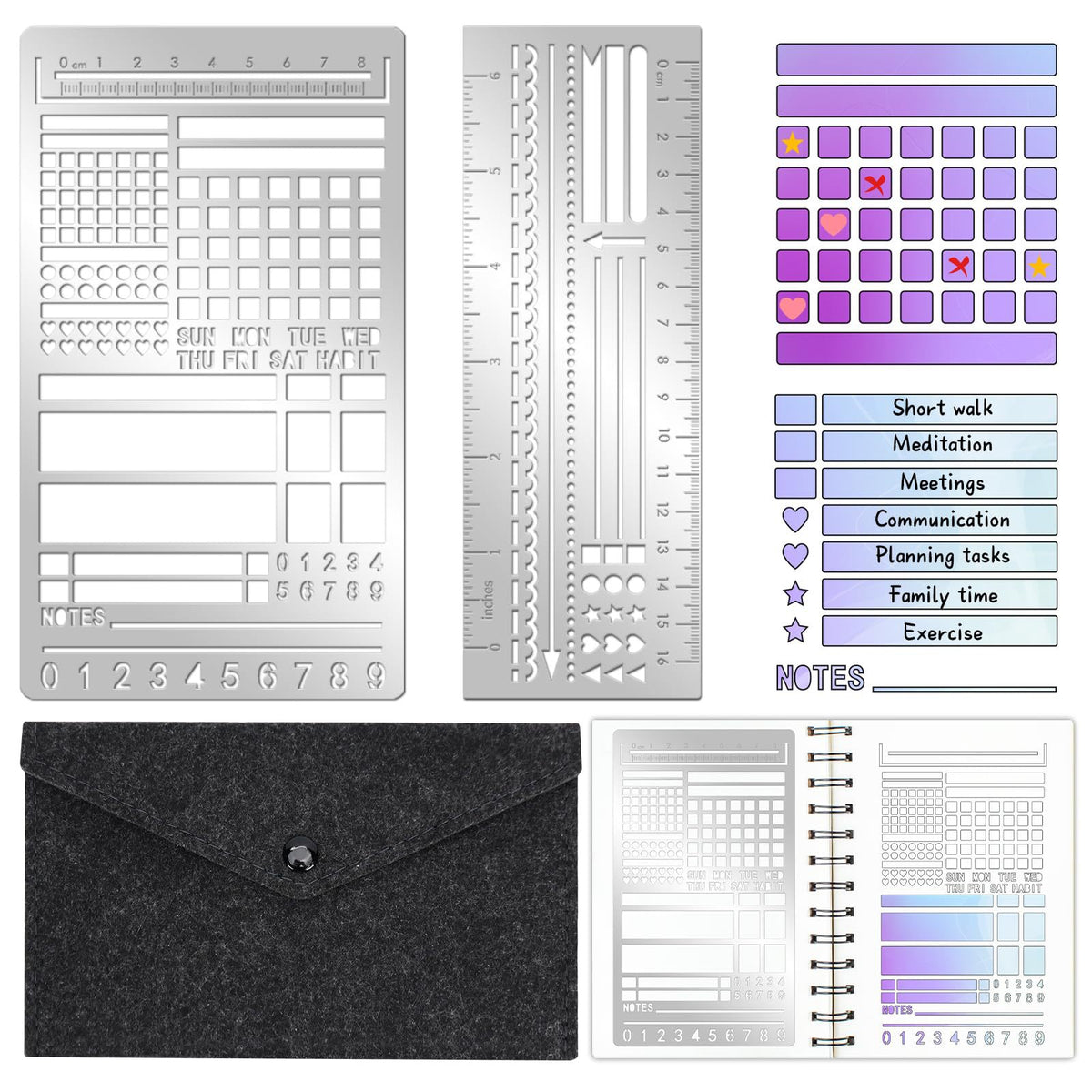 2-Pack Metal Planning Template Bookmarks with Storage Pouch for Checklists Calendars DIY