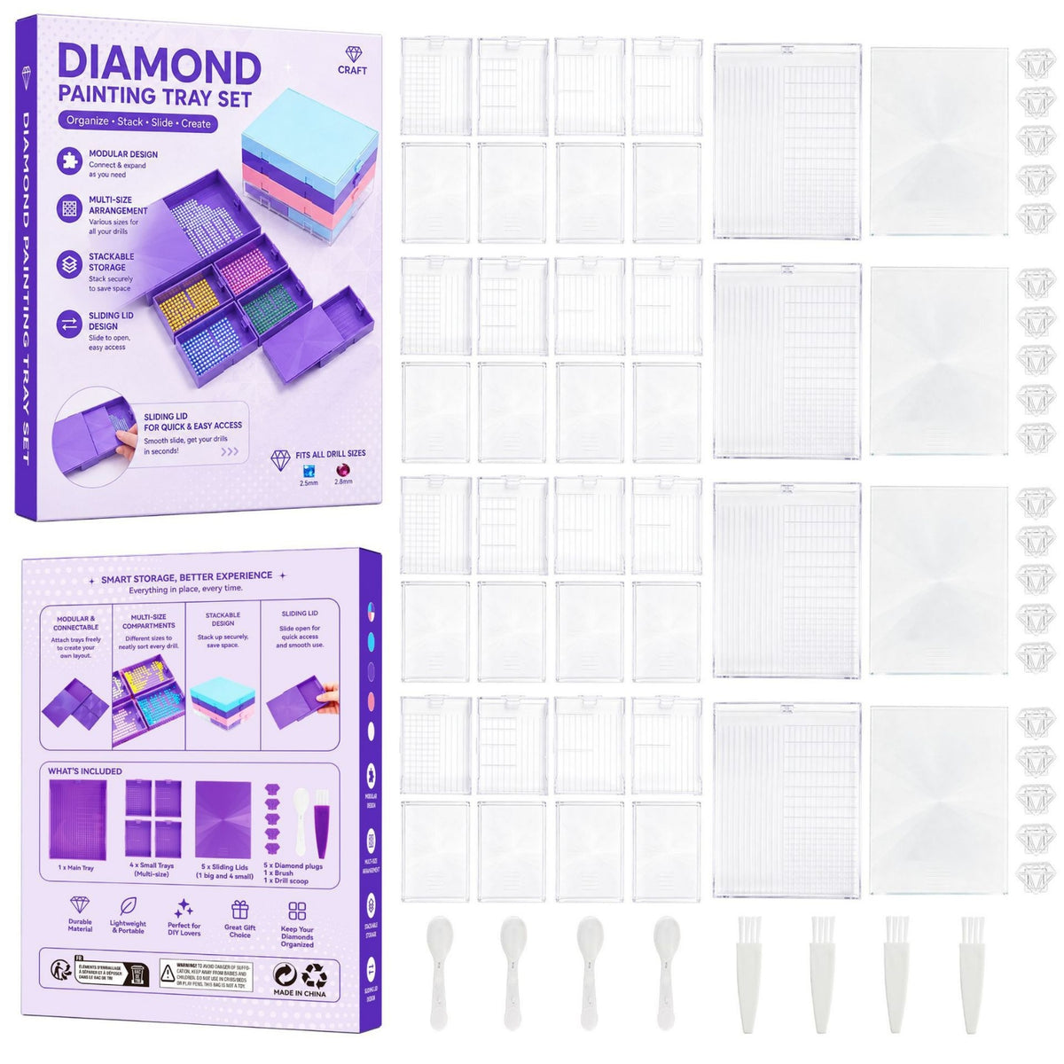 4 Pieces Diamond Painting Tray with Lid Modular for Craft Rooms, Hobbyists