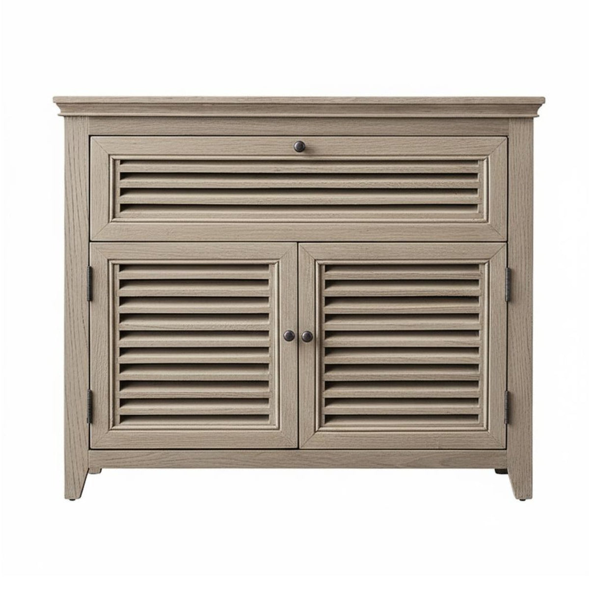 Distressed Finish Louvered Door Console French Country Design Storage Cabinet Retro aesthetic Home Furnishing sturdy Construction for Interior Decorators, Homeowners, Adults, Bedroom, Living Room, Entryway, Kitchen