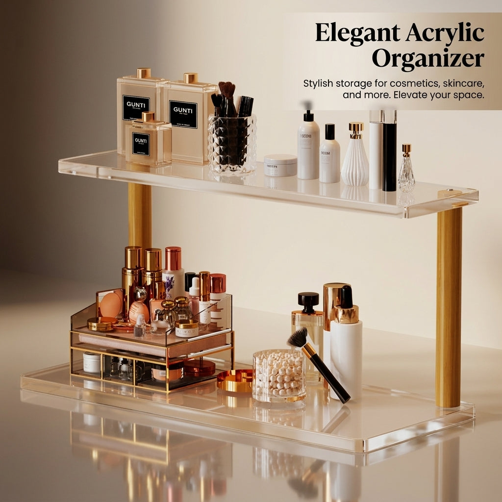 Cosmetics Organizer with Drawers, Clear Acrylic 2 Tier Stackable Design, for Makeup Table and Dresser Top, 2 Storage