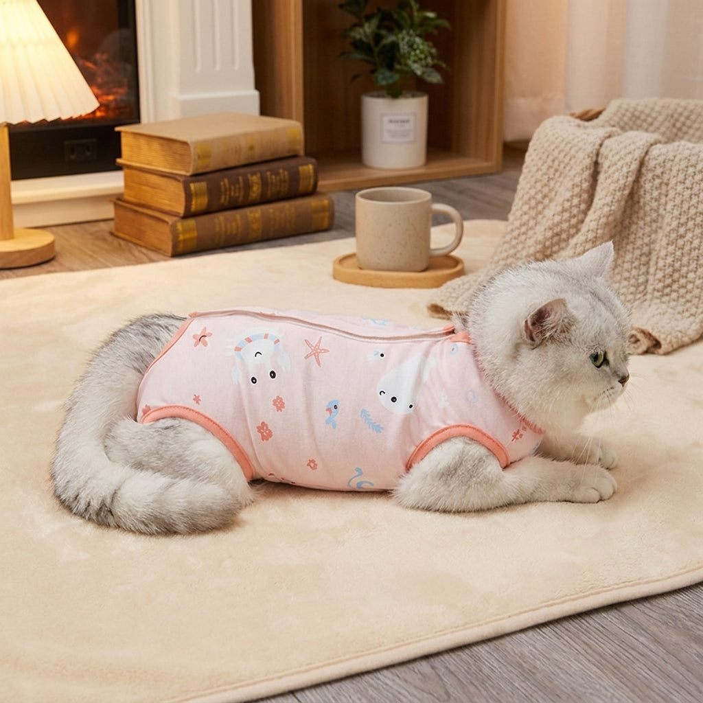 Cat Recovery Suit in Breathable Polyester, Sleeveless Spay Suit for Cats, Anti Licking Neuter Suit, Post Surgery Cat Suit with No Leg Coverage