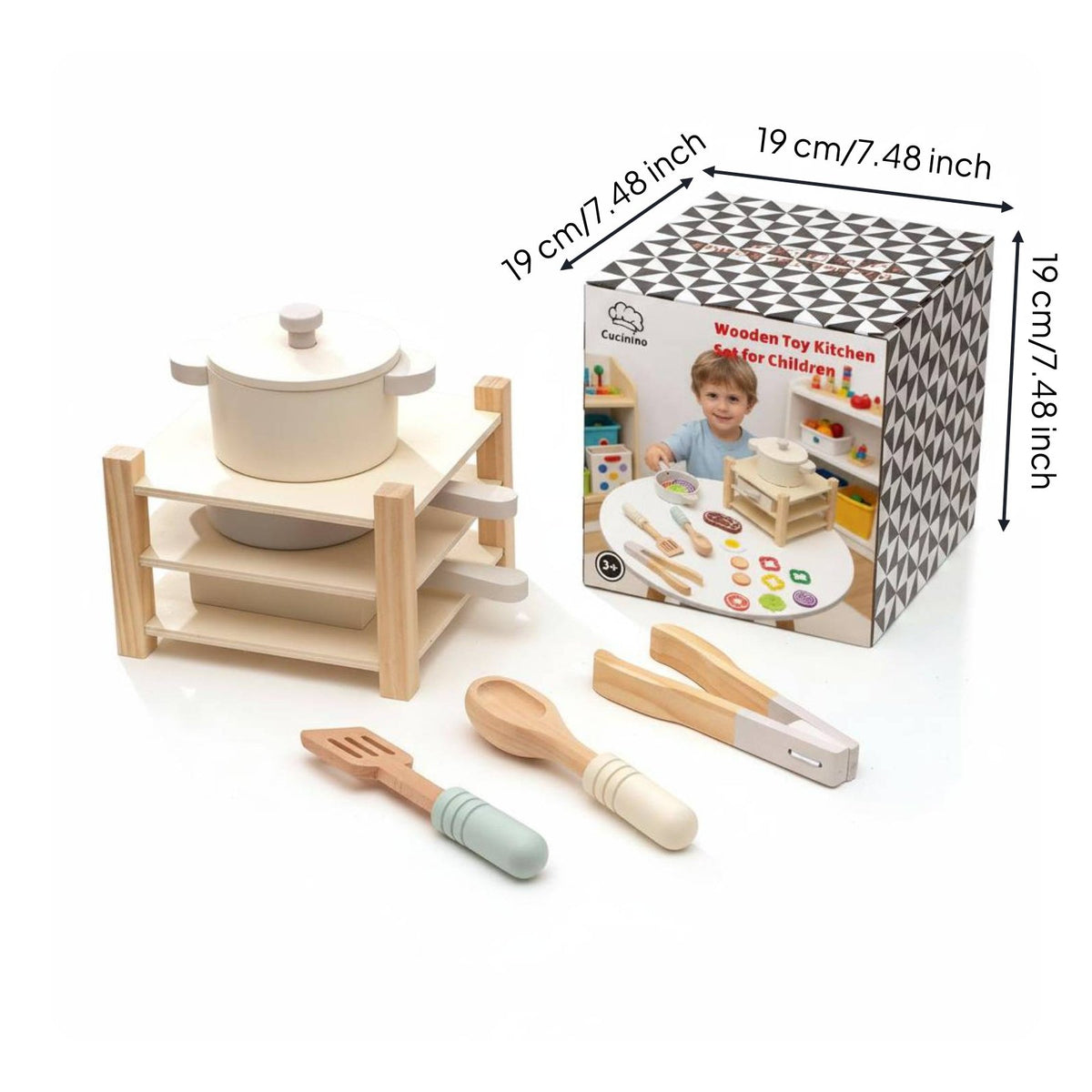 Wooden Pot and Pan Set Edge Design Toy Cookware Set Smooth Rounded Edges Pretend Kitchen Cookware for Children, Kids, Preschool